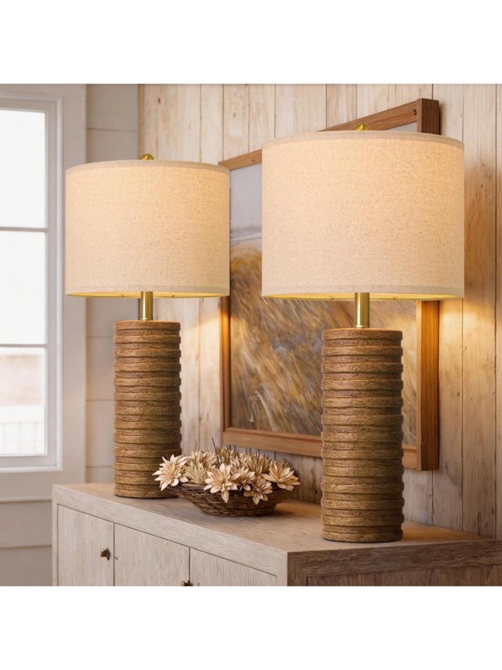 Set of 2 Vintage Farmhouse Table Lamps - 27'' Tall Rustic Ceramic Bedside